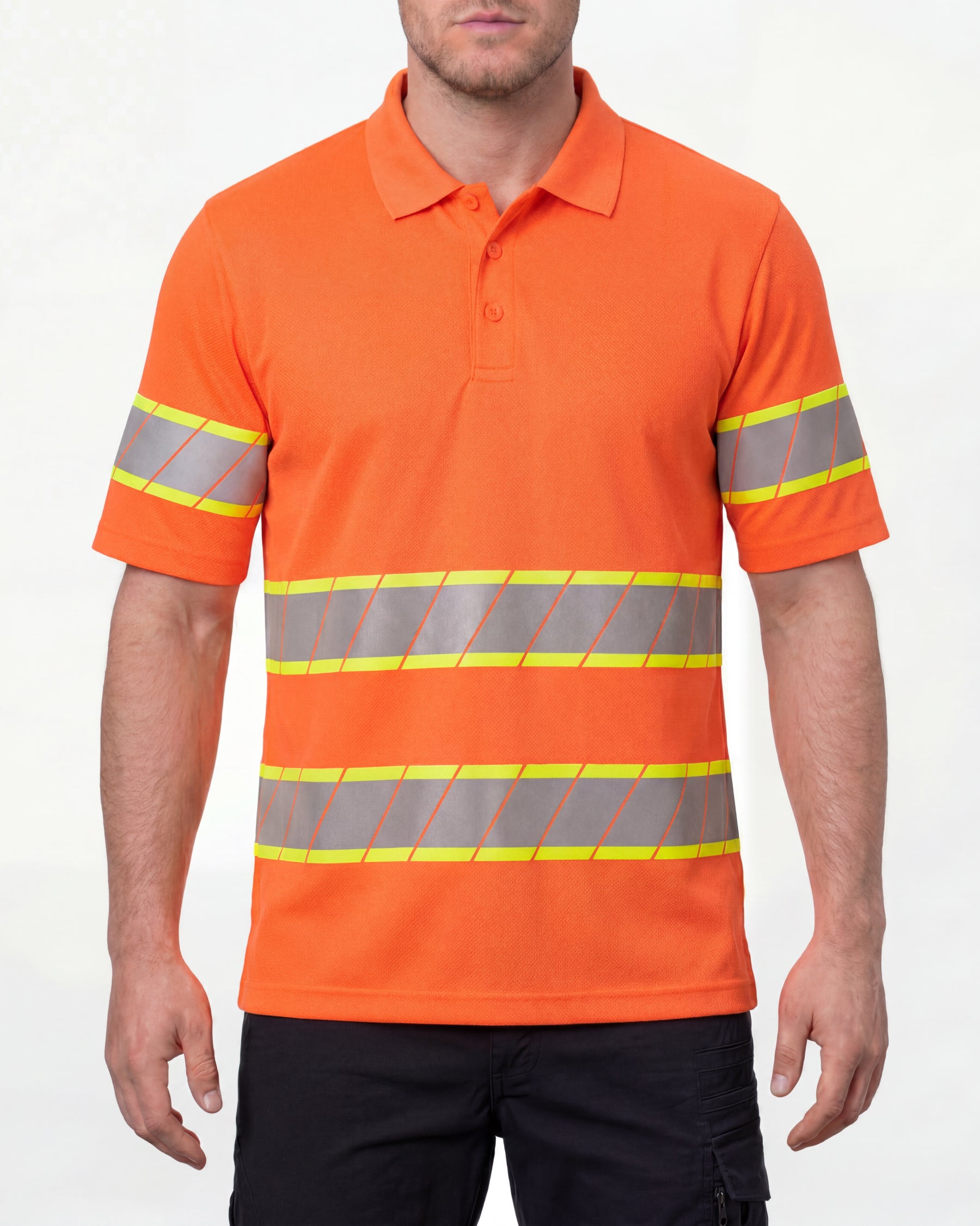 A model wears the STRAUSS Class 2 High Visibility Polo Shirt in neon orange with dark work pants and work boots in a studio product scene