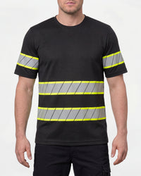 A model wears the STRAUSS Enhanced Visibility T-Shirt in black with dark work pants and work boots in a studio product scene