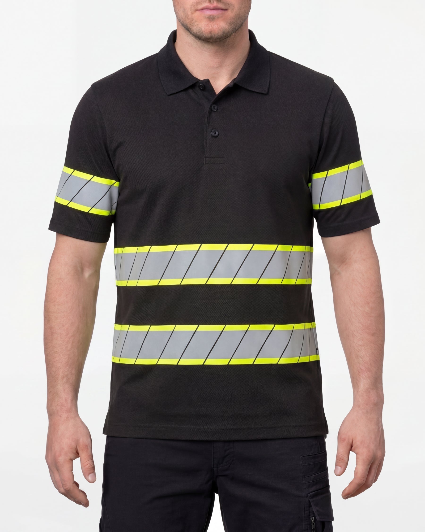 A model wears the STRAUSS Enhanced Visibility Polo Shirt in black with dark work pants and work boots in a studio product scene