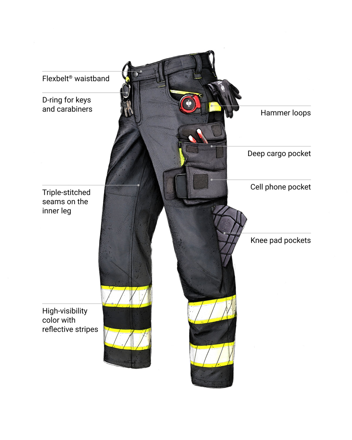 Feature view of Enhanced Visibility Work Pants in black, showing high-visibility details