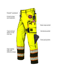 Feature view of High Visibility Work Pants in neon yellow/black, showing high-visibility details