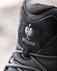 Close-up of the Black and Crystal gray Rimini 6-inch Soft Toe Boot upper and laces