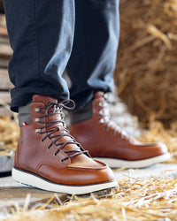 STRAUSS Boulder 6-inch Soft Toe Boot in Red brown shown on rough jobsite ground