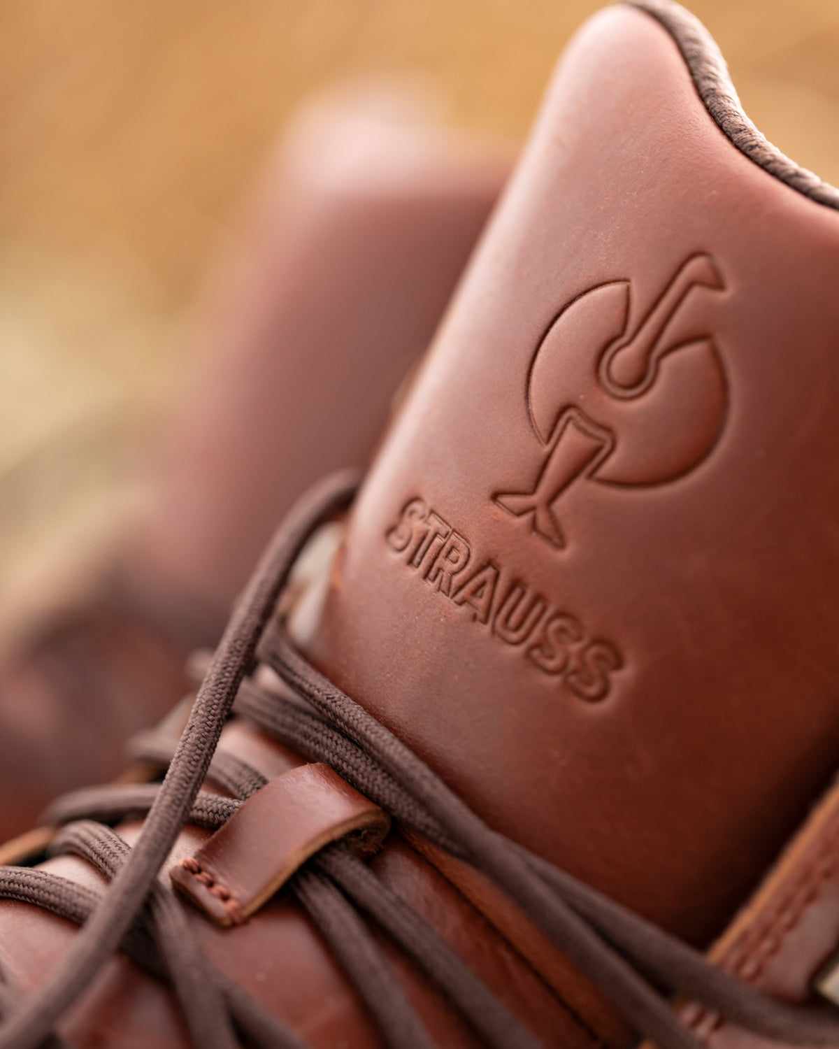 Close-up of the STRAUSS Boulder 6-inch Soft Toe Boot in Red brown laces and upper