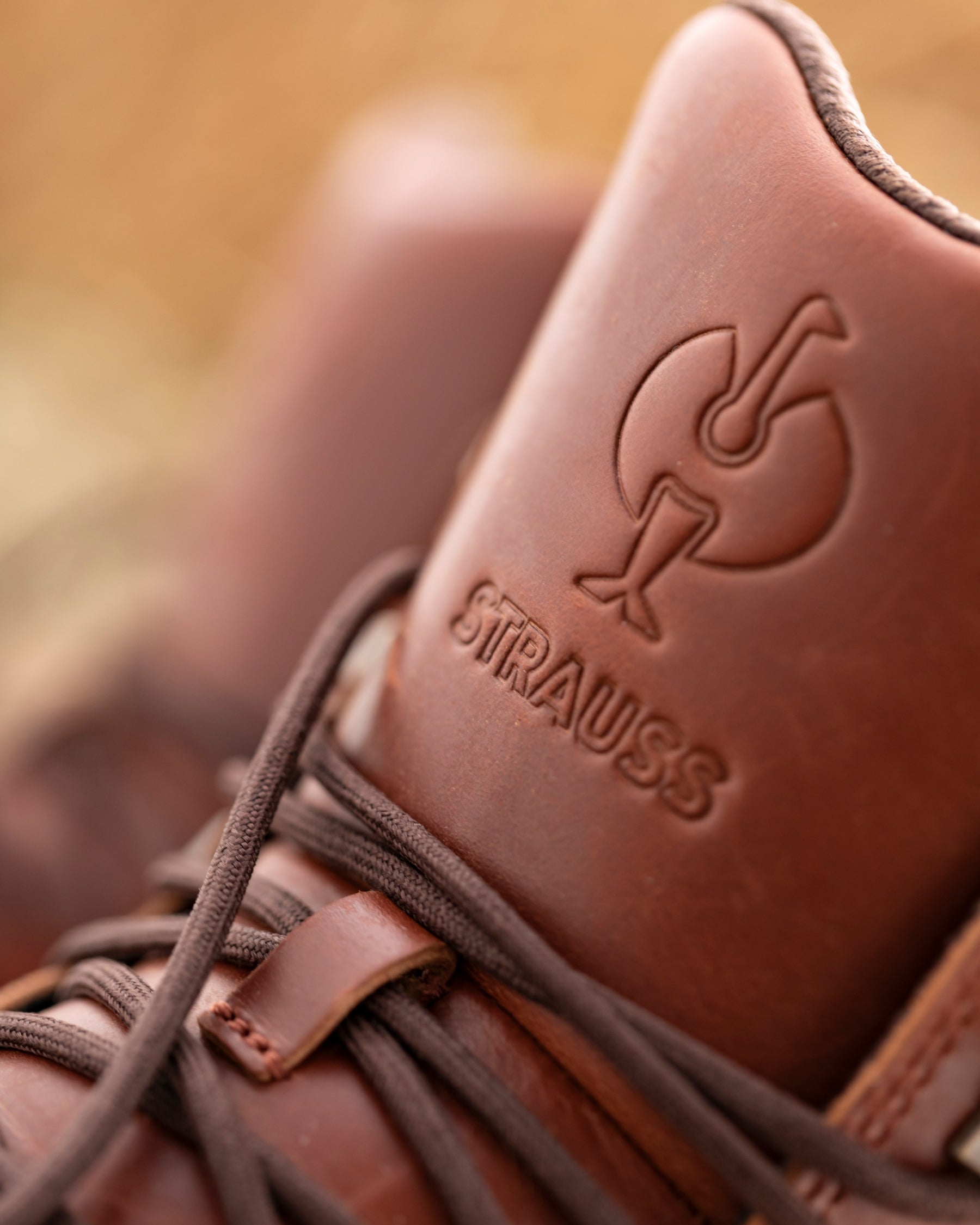 Close-up of the STRAUSS Boulder 6-inch Soft Toe Boot in Red brown laces and upper