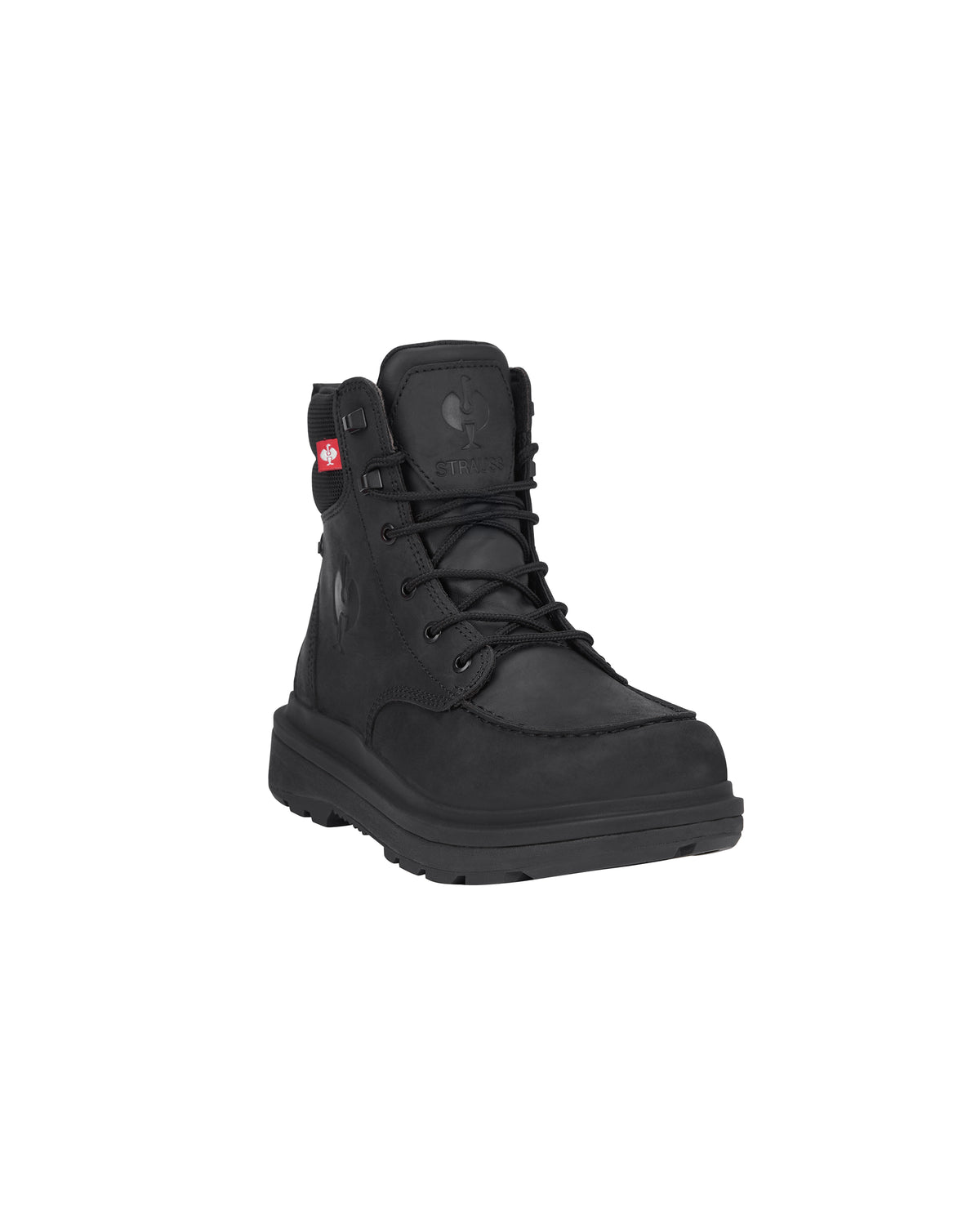 STRAUSS Ridgewood 6-inch Soft Toe Boot in Black, front three-quarter view