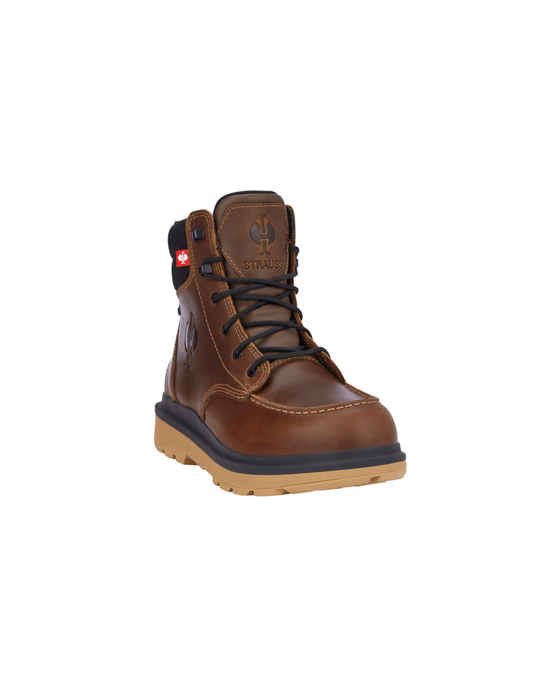 STRAUSS Ridgewood 6-inch Soft Toe Boot in Desert brown, front three-quarter view