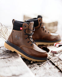 STRAUSS Ridgewood 6-inch Soft Toe Boot in Desert brown with workwear in a jobsite scene
