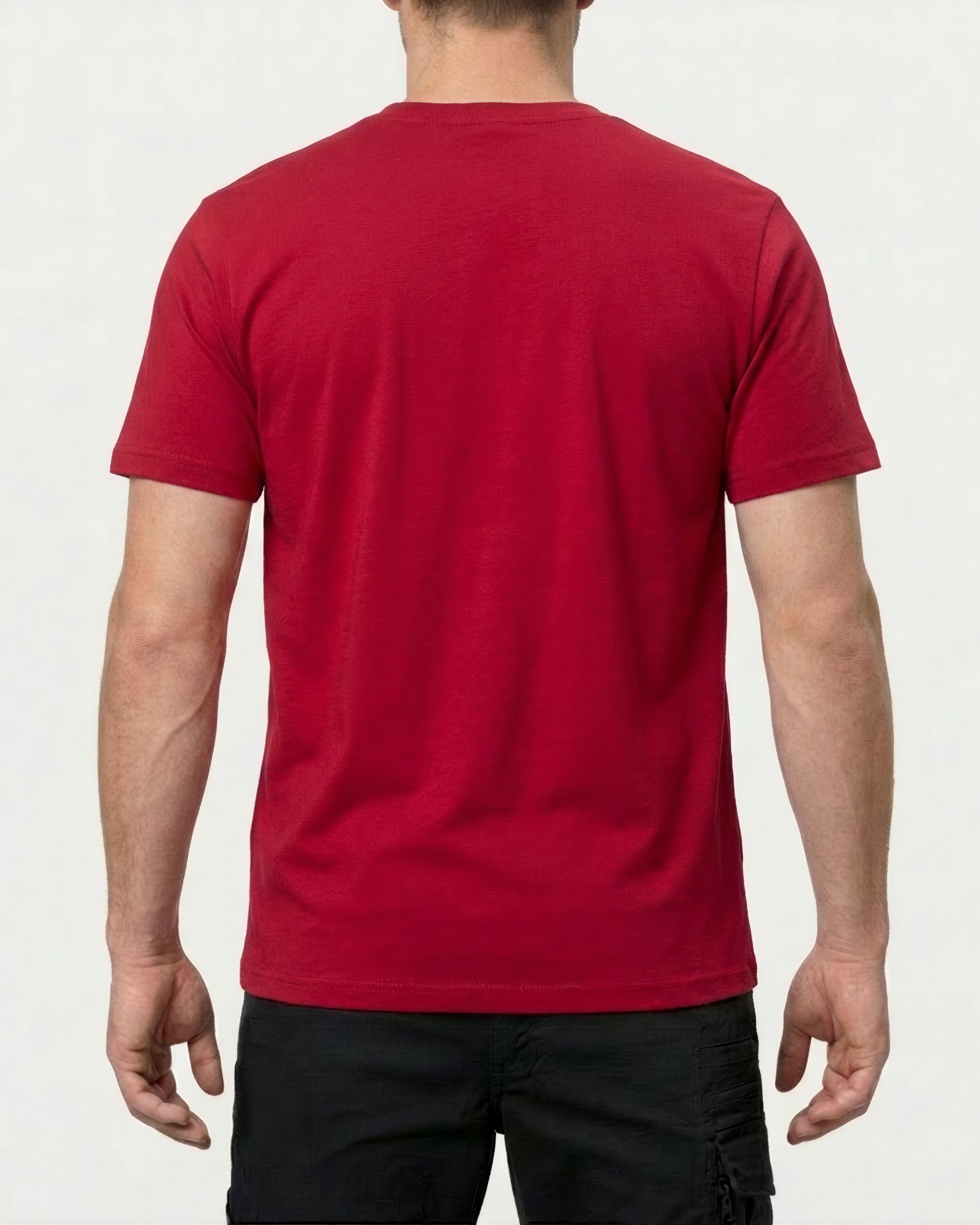 A model wears the STRAUSS Cotton Stretch T-Shirt in fire red, showing the shirt fit