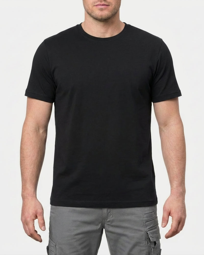 A model wears the STRAUSS Cotton Stretch T-Shirt in black in a studio product scene