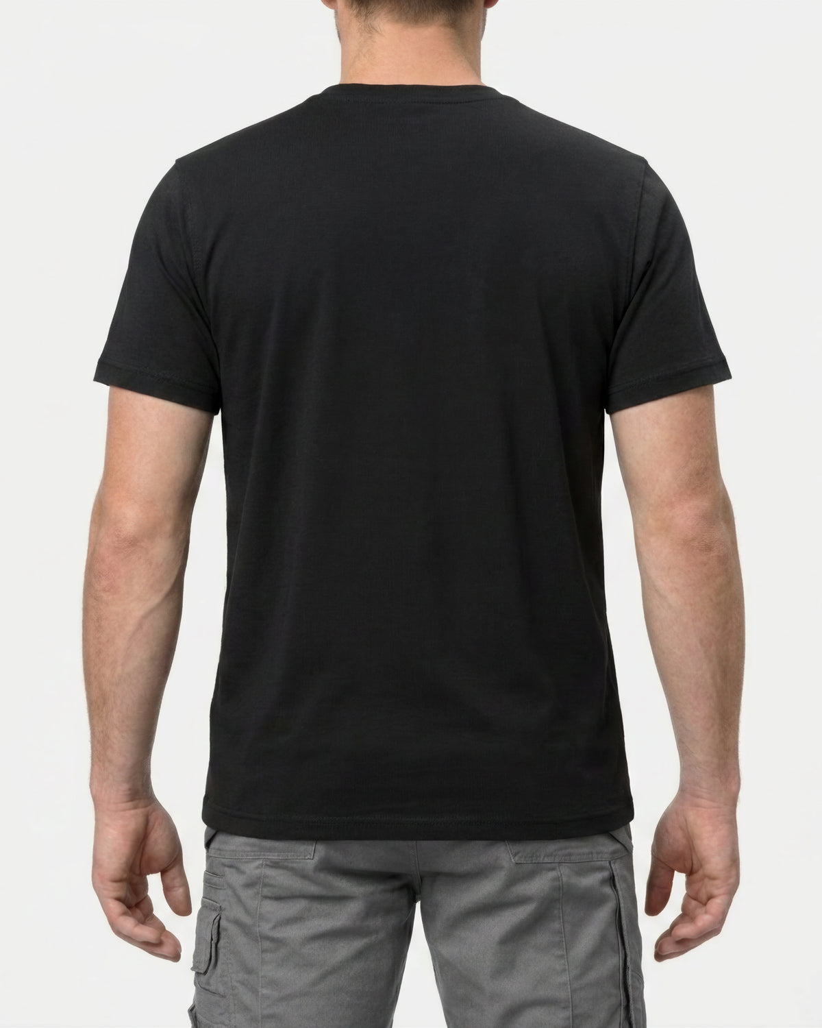 A model wears the STRAUSS Cotton Stretch T-Shirt in black, showing the shirt fit