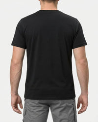 A model wears the STRAUSS Cotton Stretch T-Shirt in black, showing the shirt fit