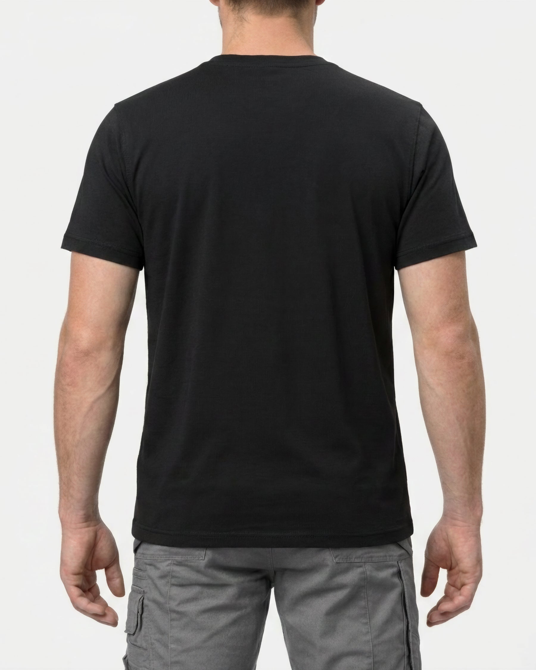 A model wears the STRAUSS Cotton Stretch T-Shirt in black, showing the shirt fit