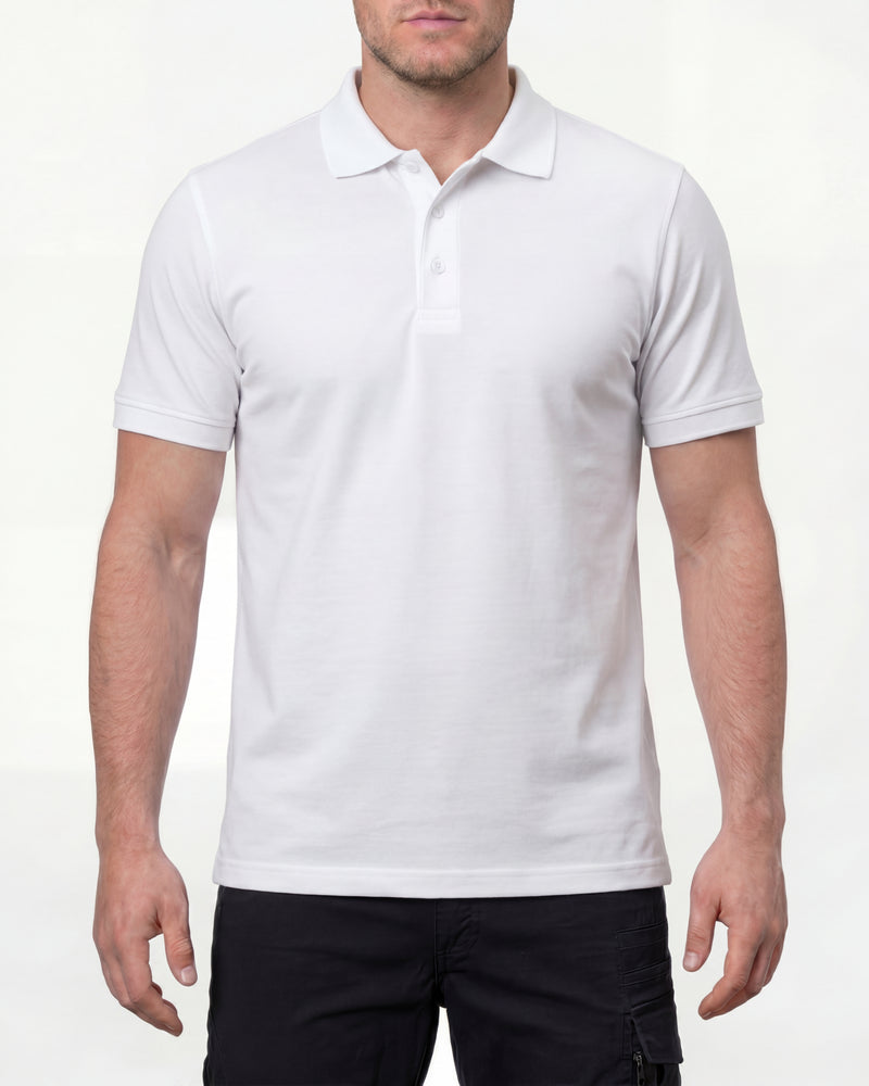 A model wears the STRAUSS Cotton Stretch Polo Shirt in white in a studio product scene