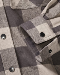 Plaid flannel fabric, button placket, and chest pocket on the STRAUSS e.s.iconic Flannel Work Shirt in dolphin gray and carbon gray