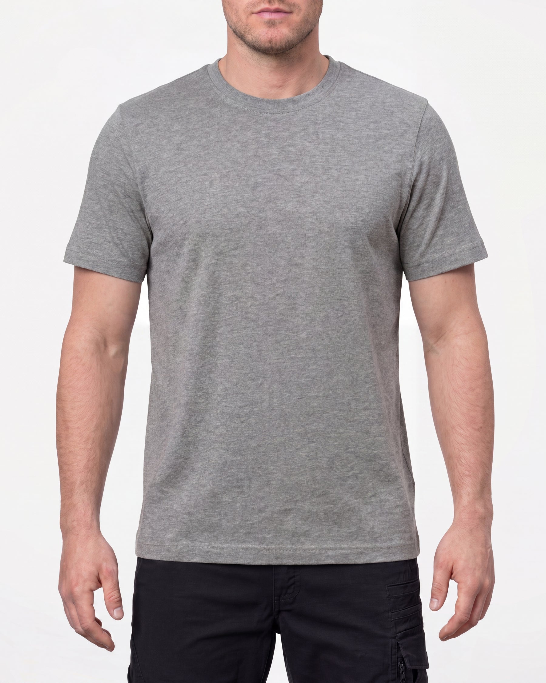 A model wears the STRAUSS Cotton T-Shirt in gray melange in a studio product scene
