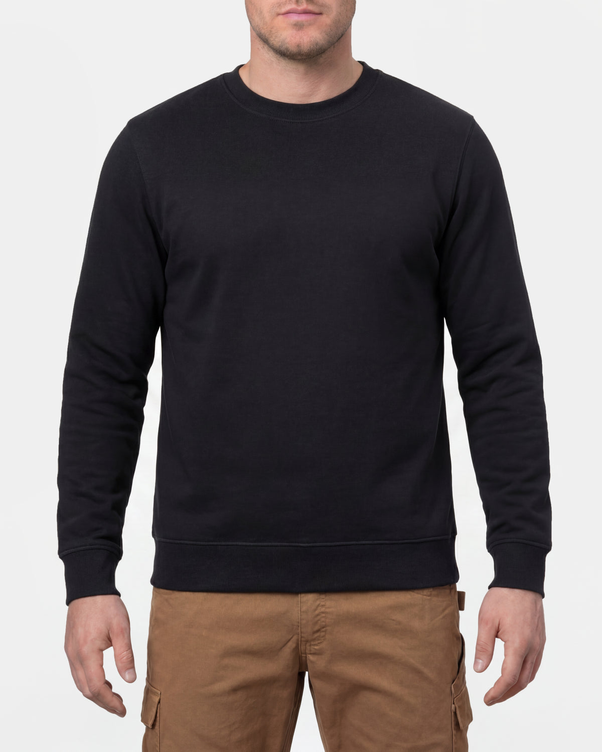 STRAUSS cotton-poly crew neck sweatshirt in black, worn by model, front view