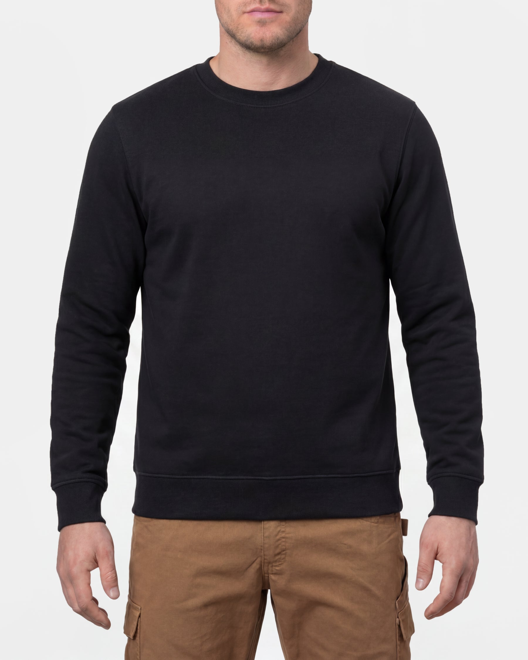 STRAUSS cotton-poly crew neck sweatshirt in black, worn by model, front view