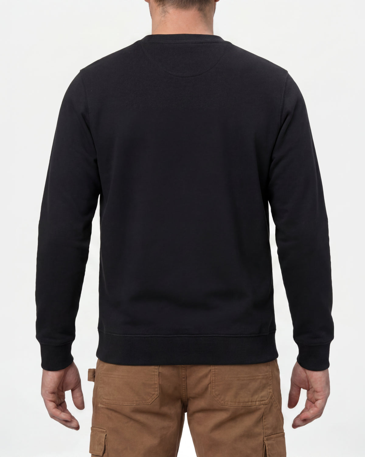 STRAUSS cotton-poly crew neck sweatshirt in black, worn by model, back view