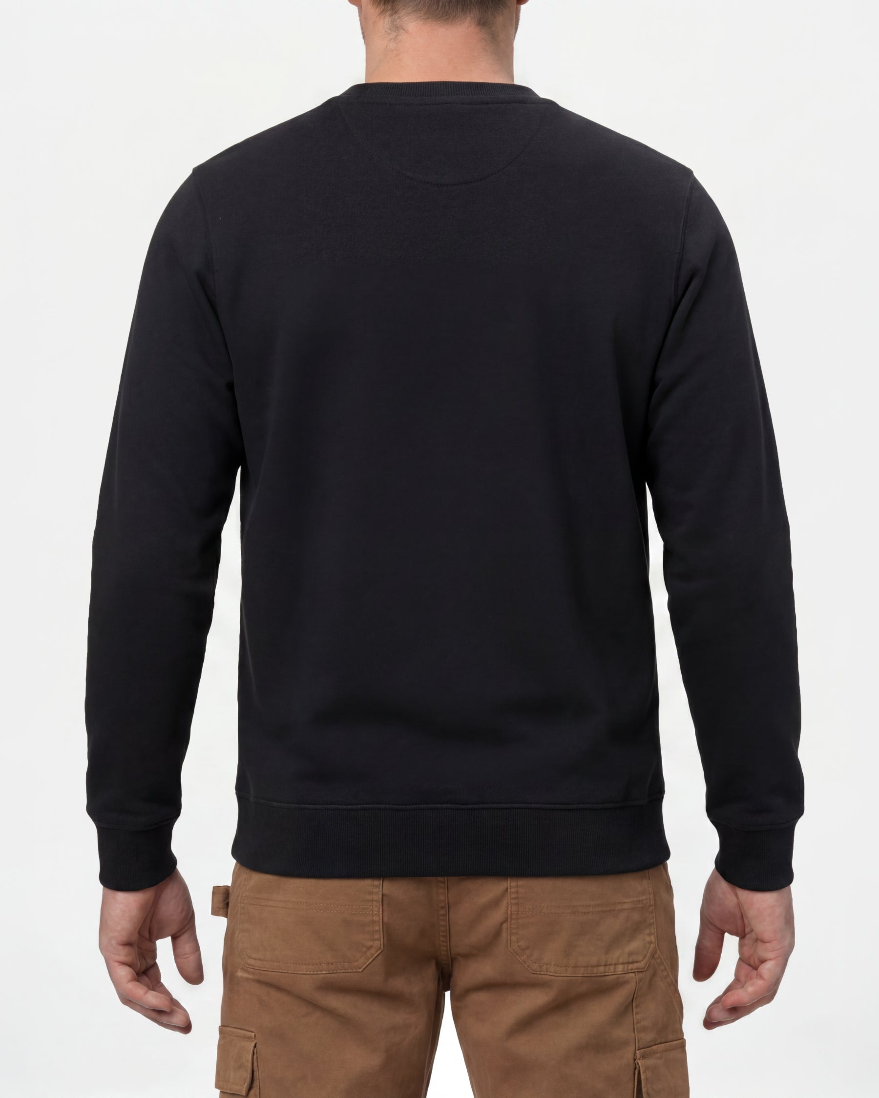 STRAUSS cotton-poly crew neck sweatshirt in black, worn by model, back view