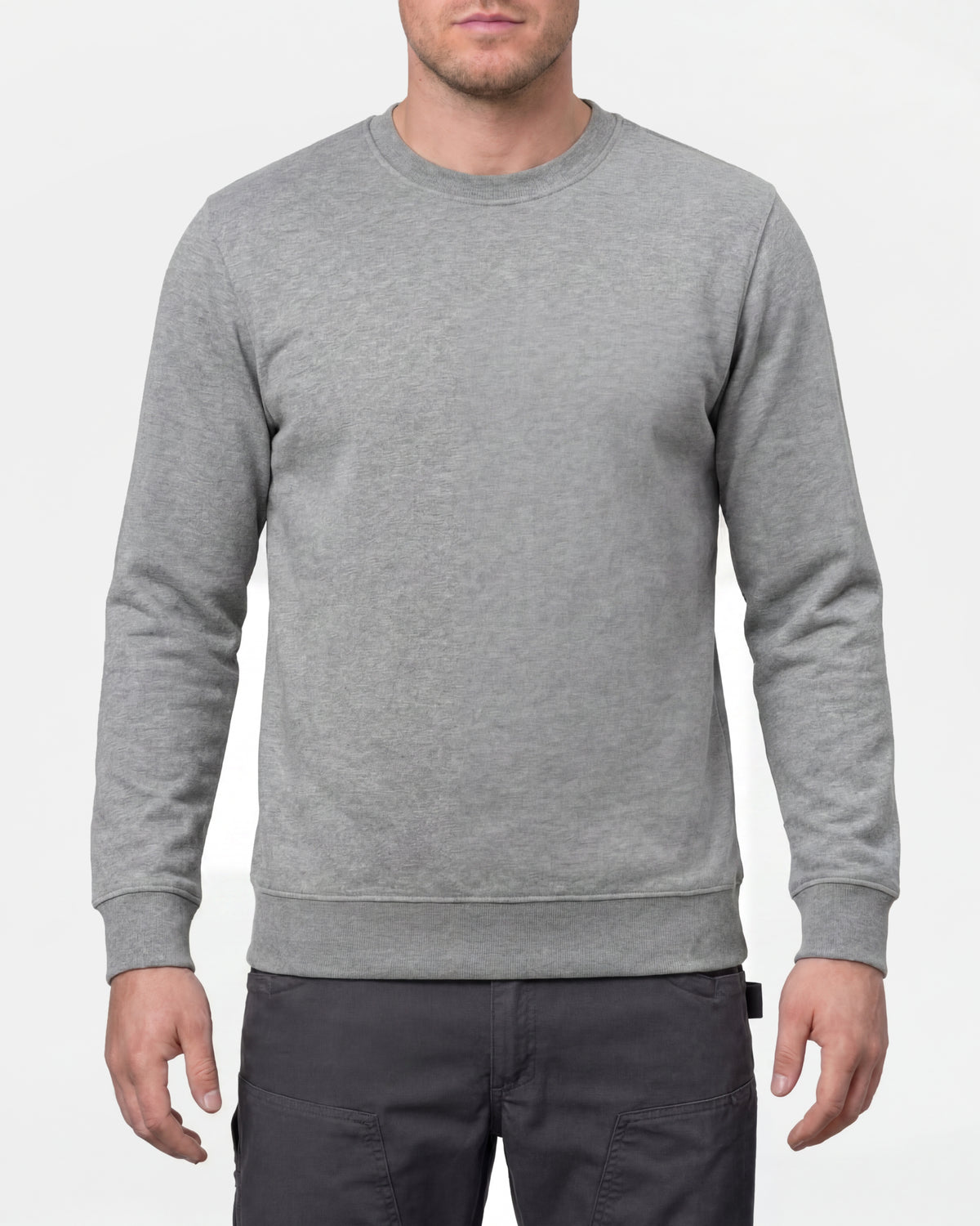 STRAUSS cotton-poly crew neck sweatshirt in gray melange, worn by model, front view