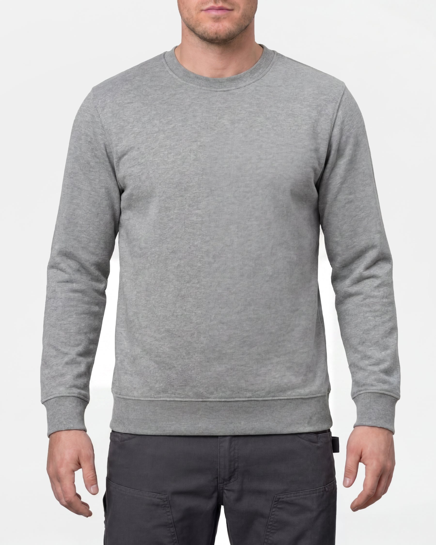 STRAUSS cotton-poly crew neck sweatshirt in gray melange, worn by model, front view