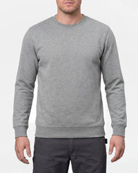 STRAUSS cotton-poly crew neck sweatshirt in gray melange, worn by model, front view