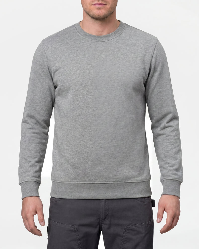 STRAUSS cotton-poly crew neck sweatshirt in gray melange, worn by model, front view