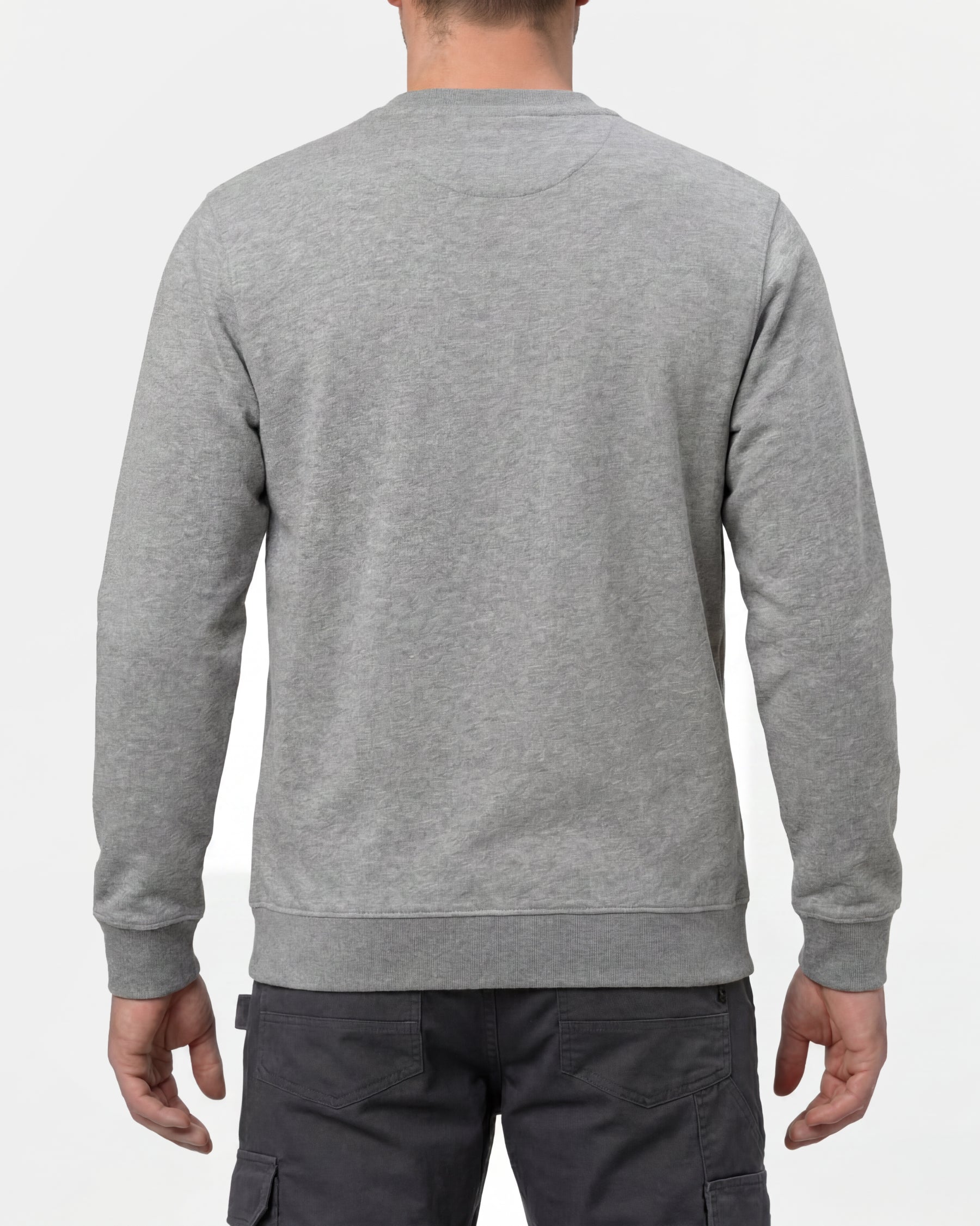 STRAUSS cotton-poly crew neck sweatshirt in gray melange, worn by model, back view