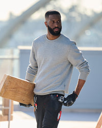 STRAUSS cotton-poly crew neck sweatshirt in gray melange, worn in lifestyle setting