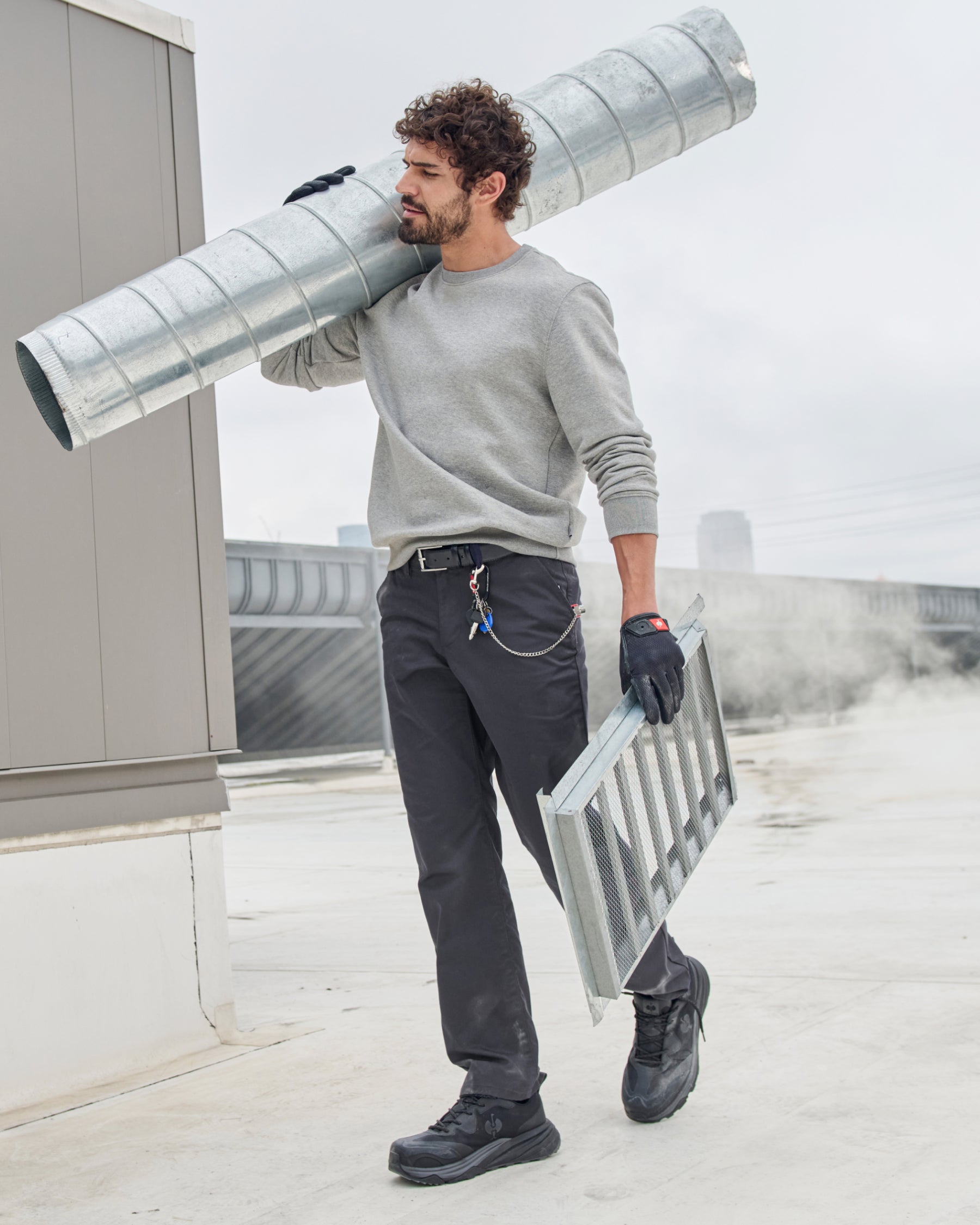 STRAUSS cotton-poly crew neck sweatshirt in gray melange, worn in casual workwear setting