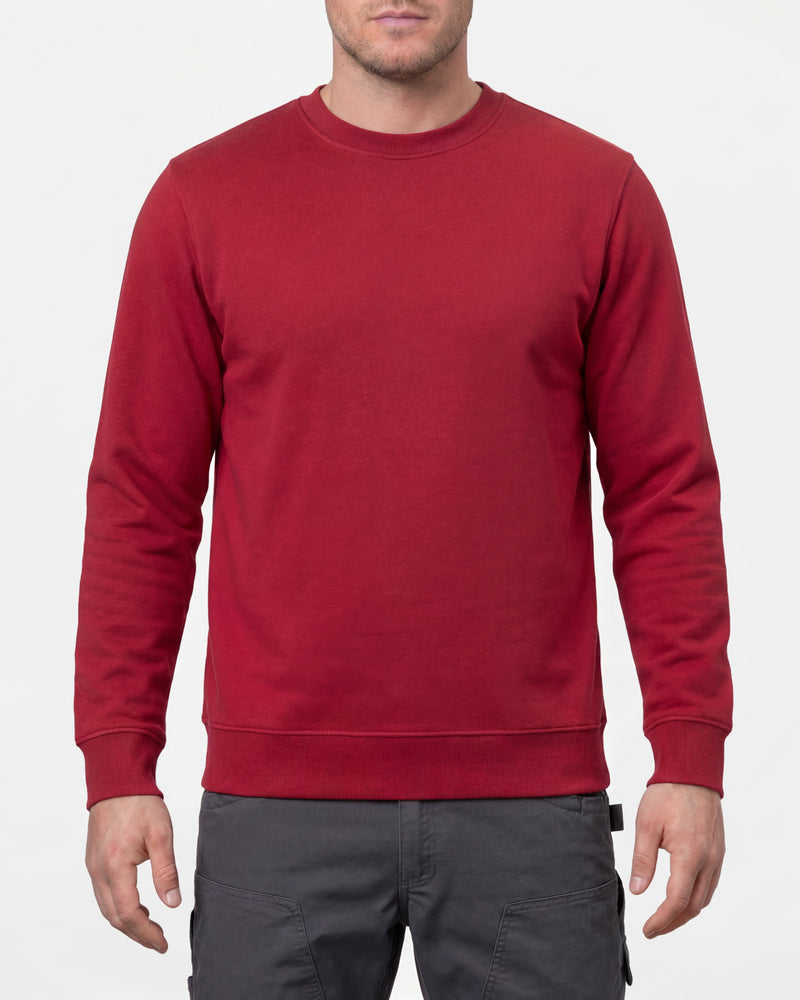 STRAUSS cotton-poly crew neck sweatshirt in fire red, worn by model, front view