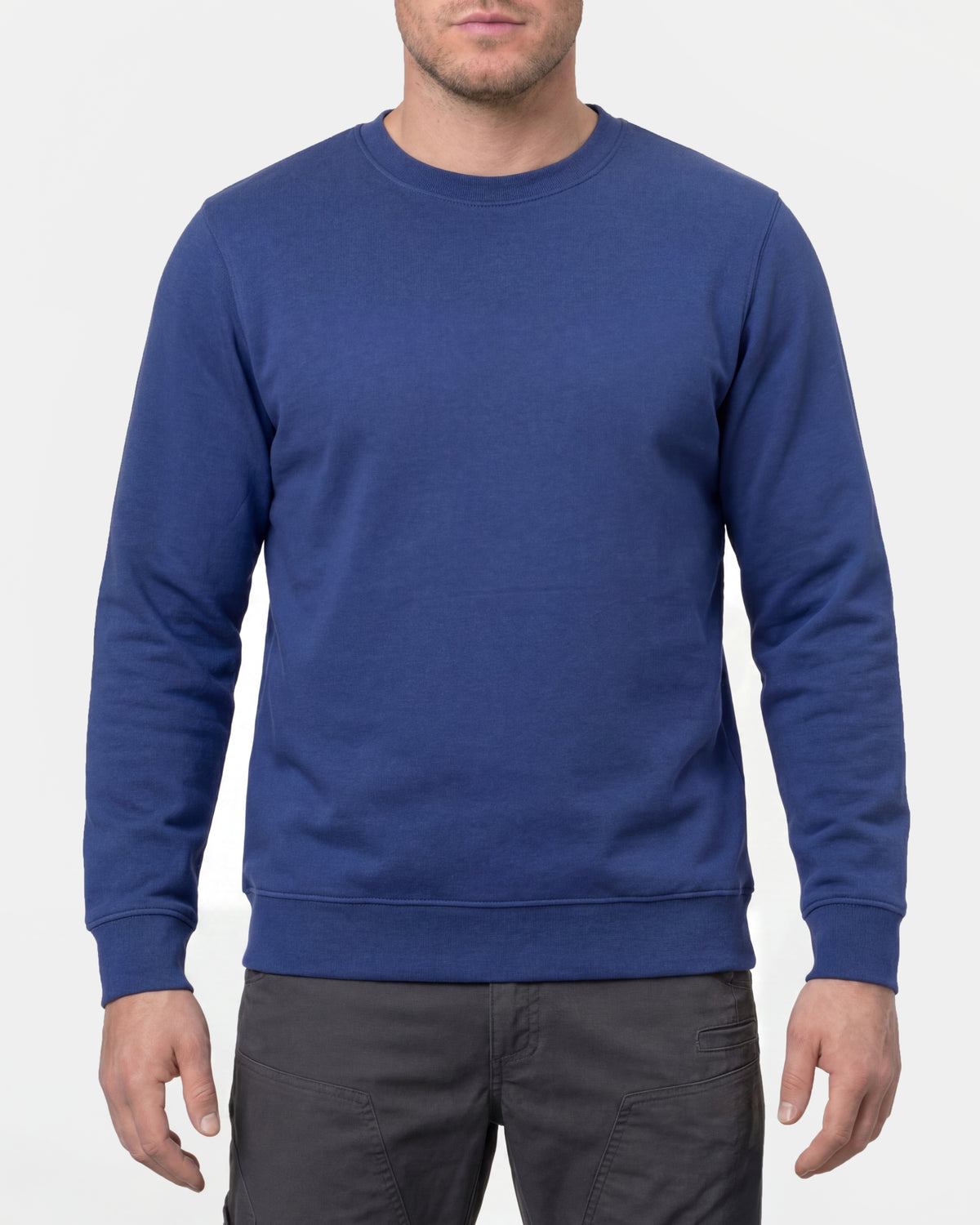 STRAUSS cotton-poly crew neck sweatshirt in royal blue, worn by model, front view