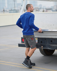 STRAUSS cotton-poly crew neck sweatshirt in royal blue, worn in workwear outfit