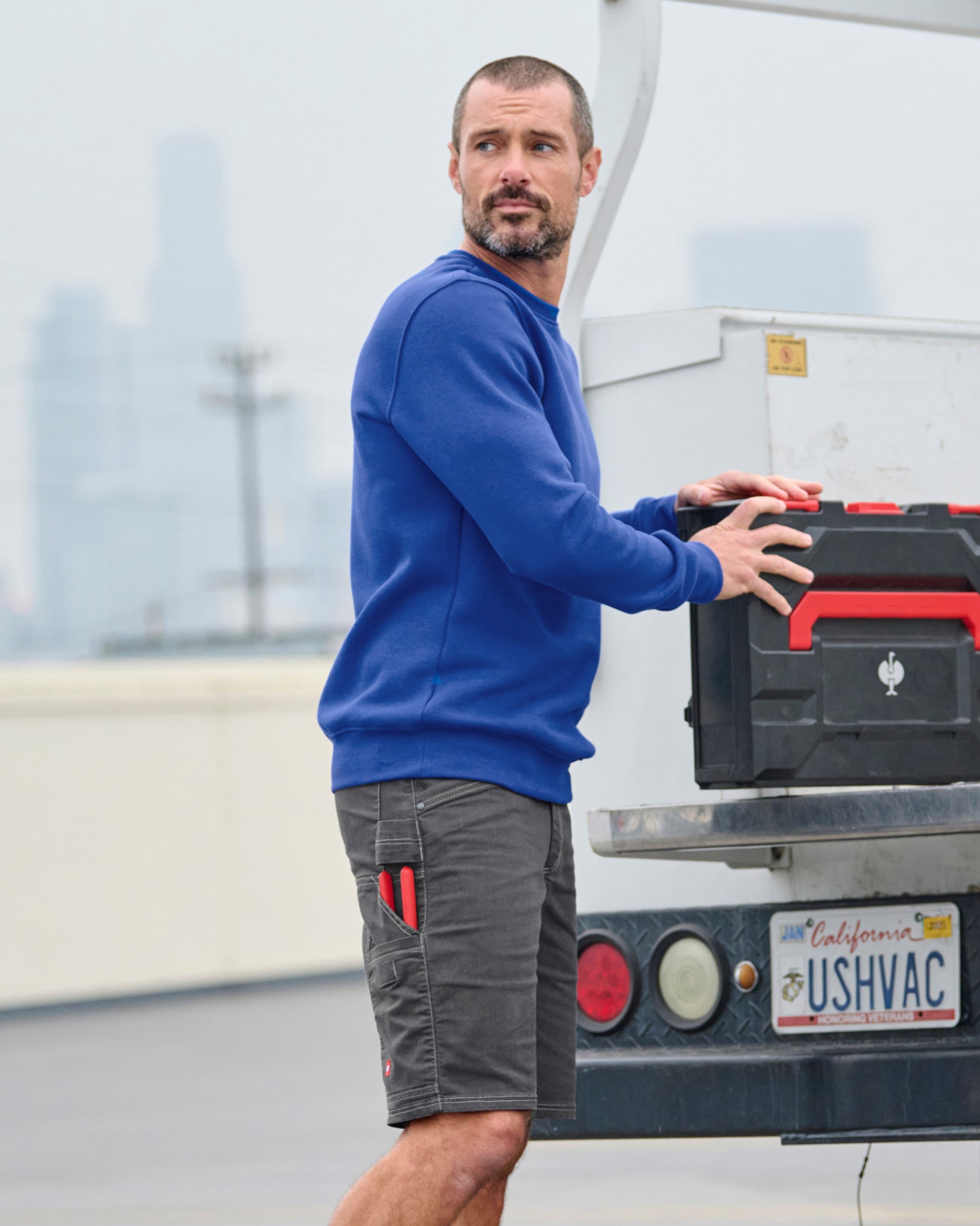 STRAUSS cotton-poly crew neck sweatshirt in royal blue, worn in casual workwear setting