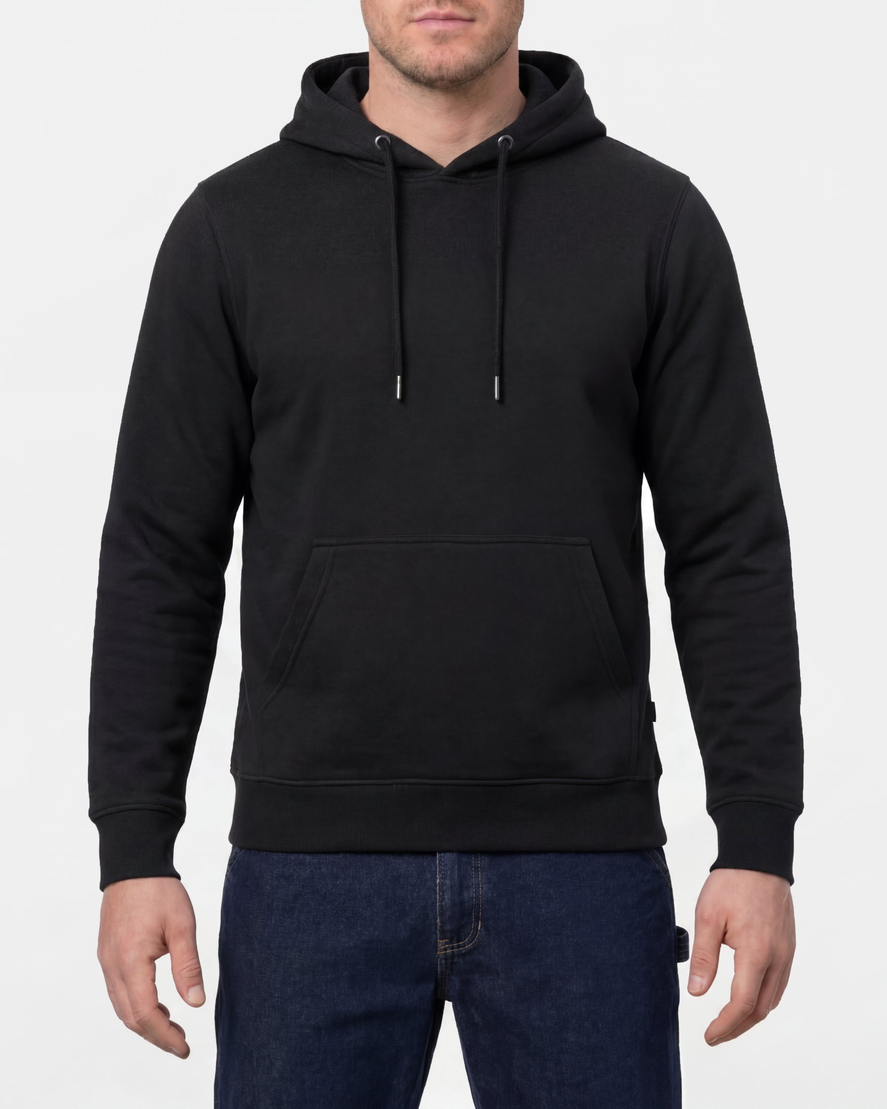 STRAUSS cotton-poly hoodie in black, worn by model, front view