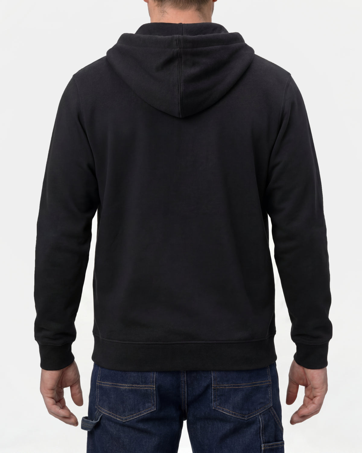 STRAUSS cotton-poly hoodie in black, worn by model, back view