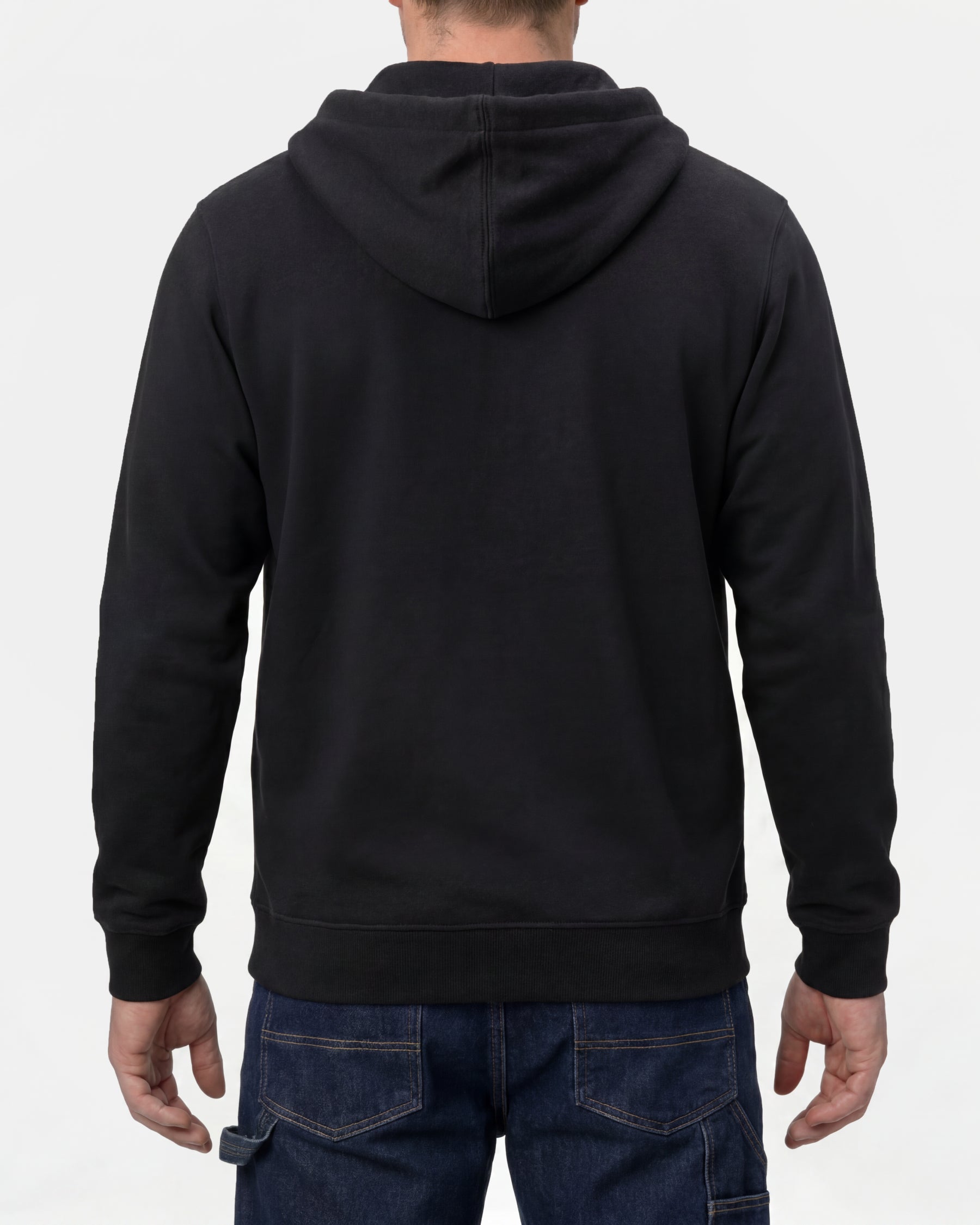 STRAUSS cotton-poly hoodie in black, worn by model, back view