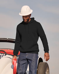 STRAUSS cotton-poly hoodie in black, worn in lifestyle setting