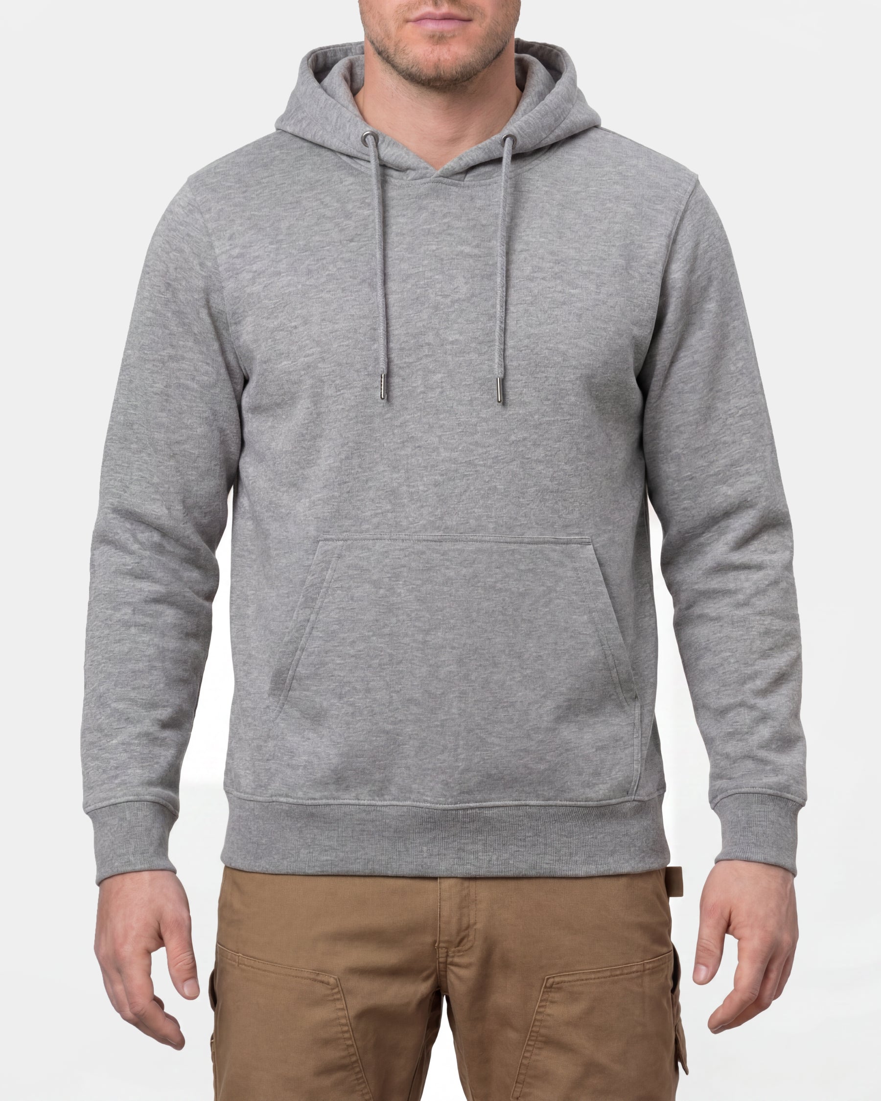 STRAUSS cotton-poly hoodie in gray melange, worn by model, front view