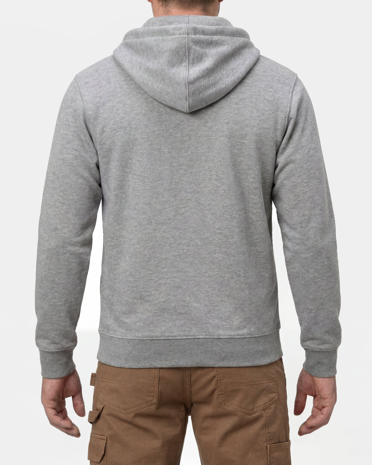 STRAUSS cotton-poly hoodie in gray melange, worn by model, back view