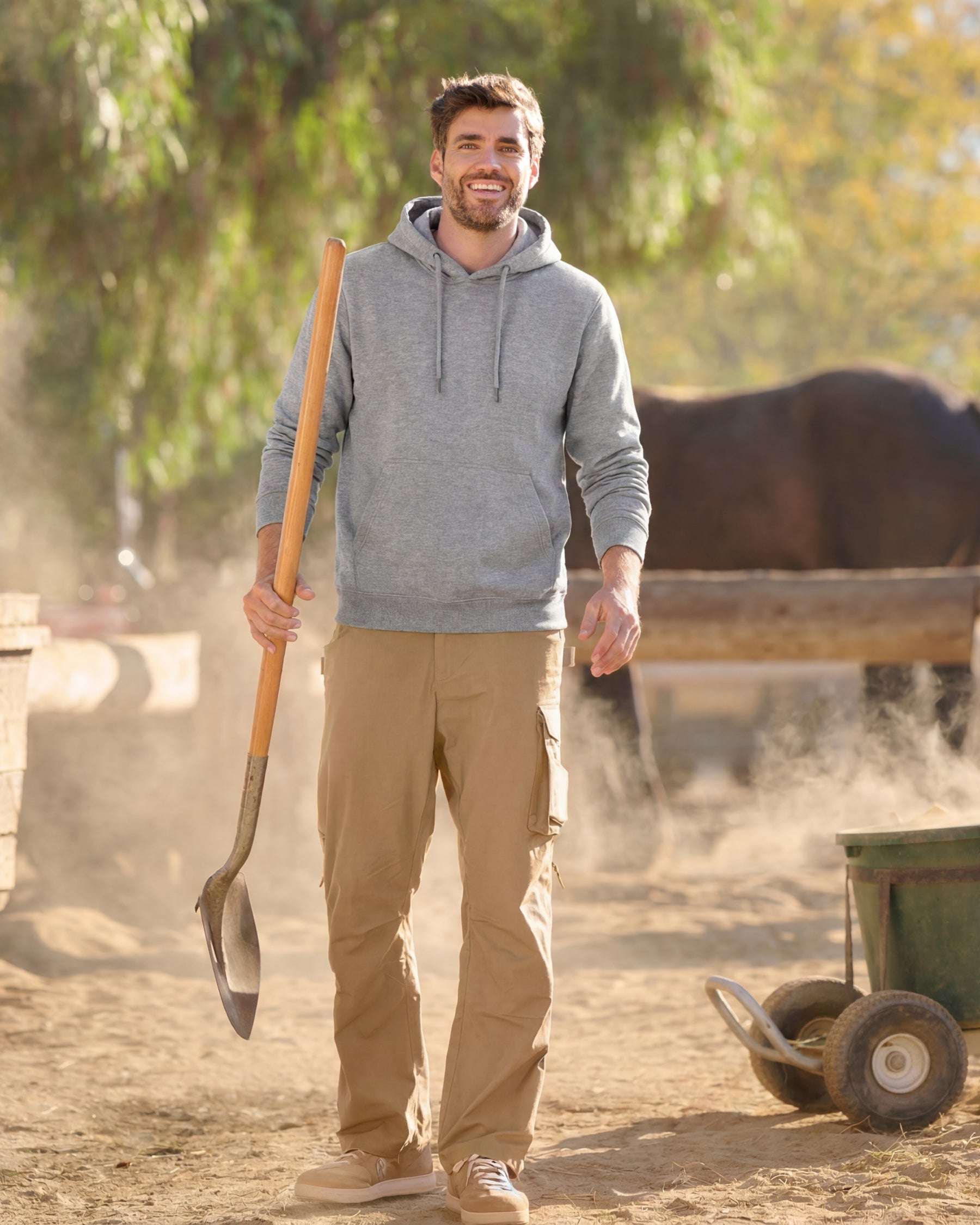 STRAUSS cotton-poly hoodie in gray melange, worn in workwear outfit