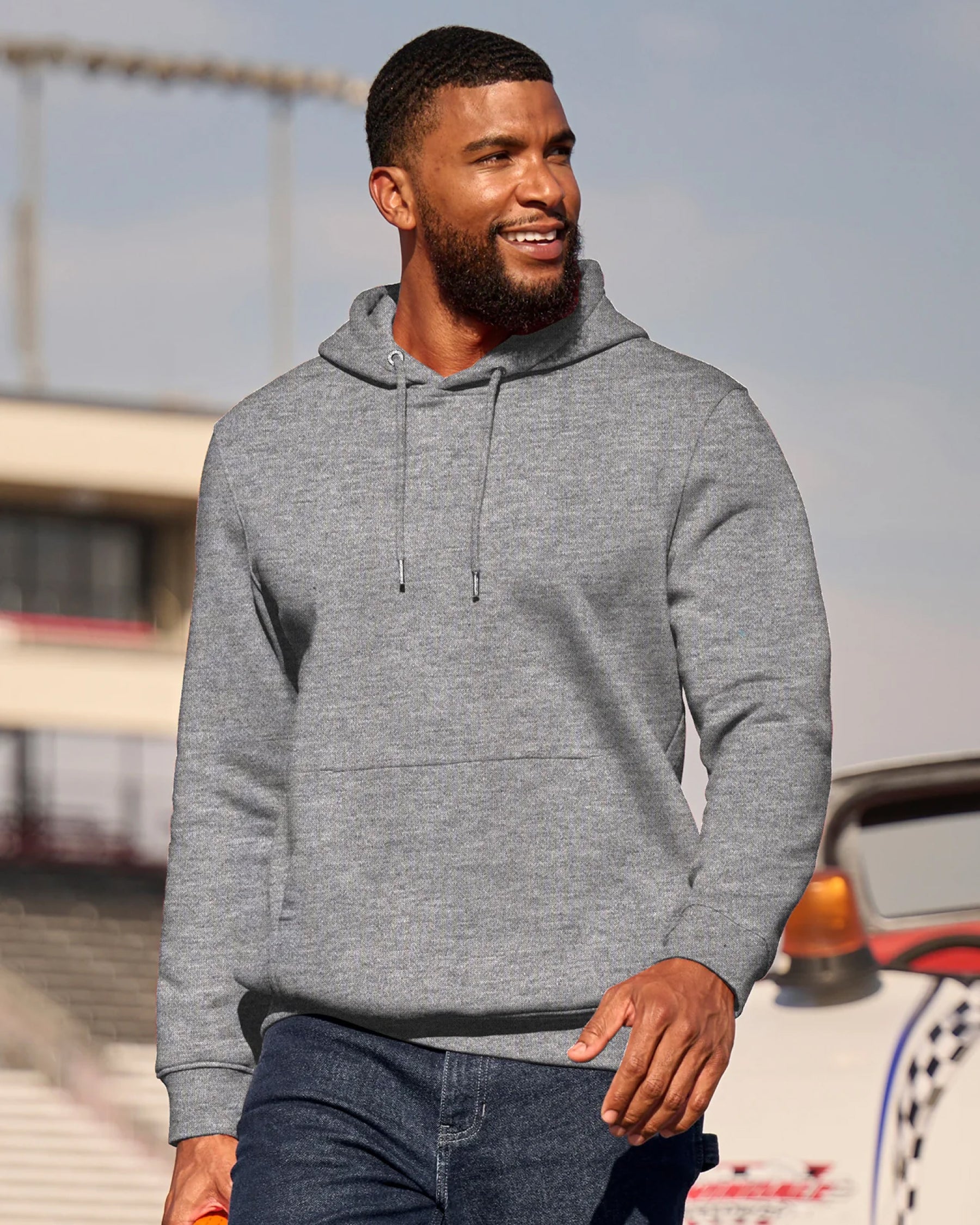 STRAUSS cotton-poly hoodie in gray melange, worn in casual workwear setting