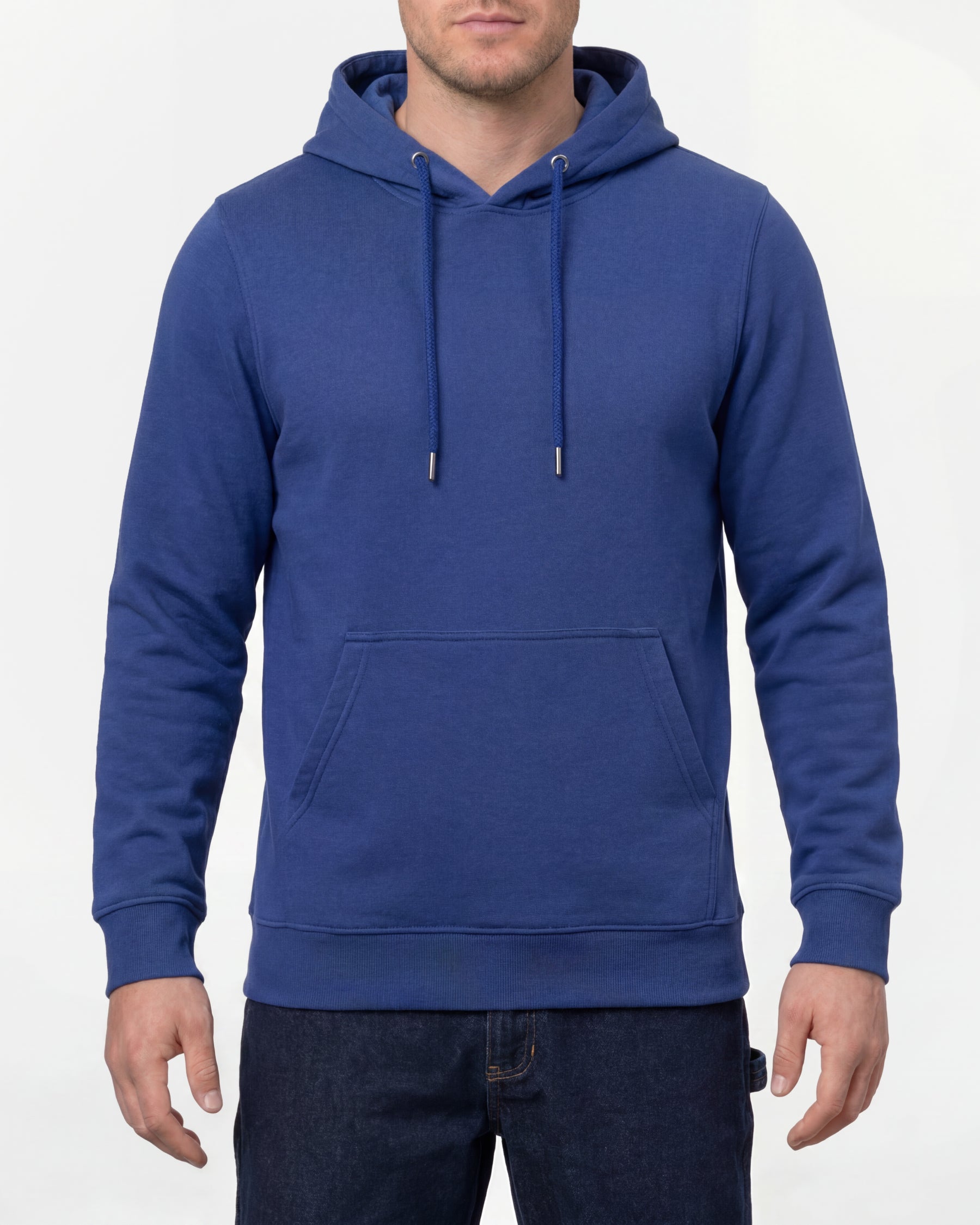STRAUSS cotton-poly hoodie in royal blue, worn by model, front view