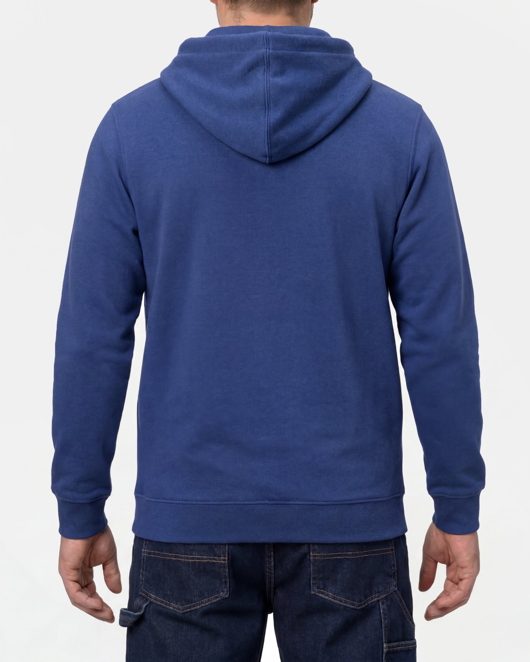 STRAUSS cotton-poly hoodie in royal blue, worn by model, back view