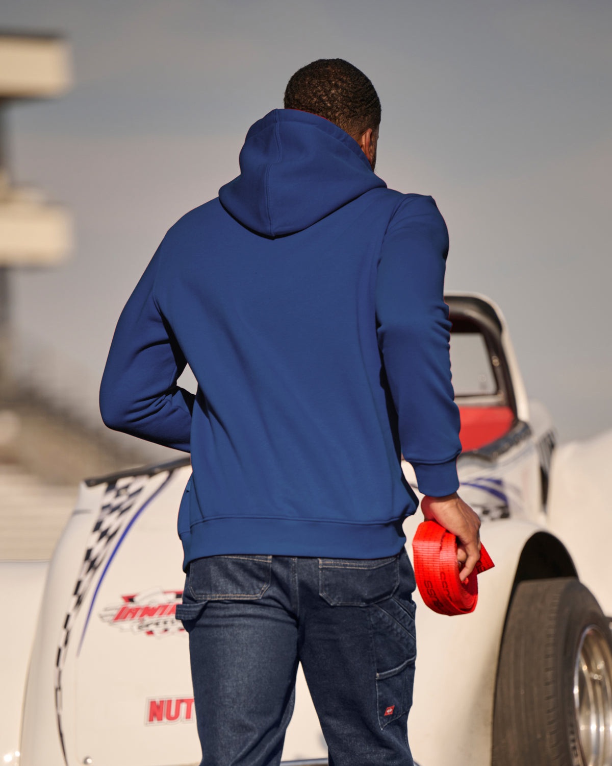 STRAUSS cotton-poly hoodie in royal blue, worn in casual workwear setting