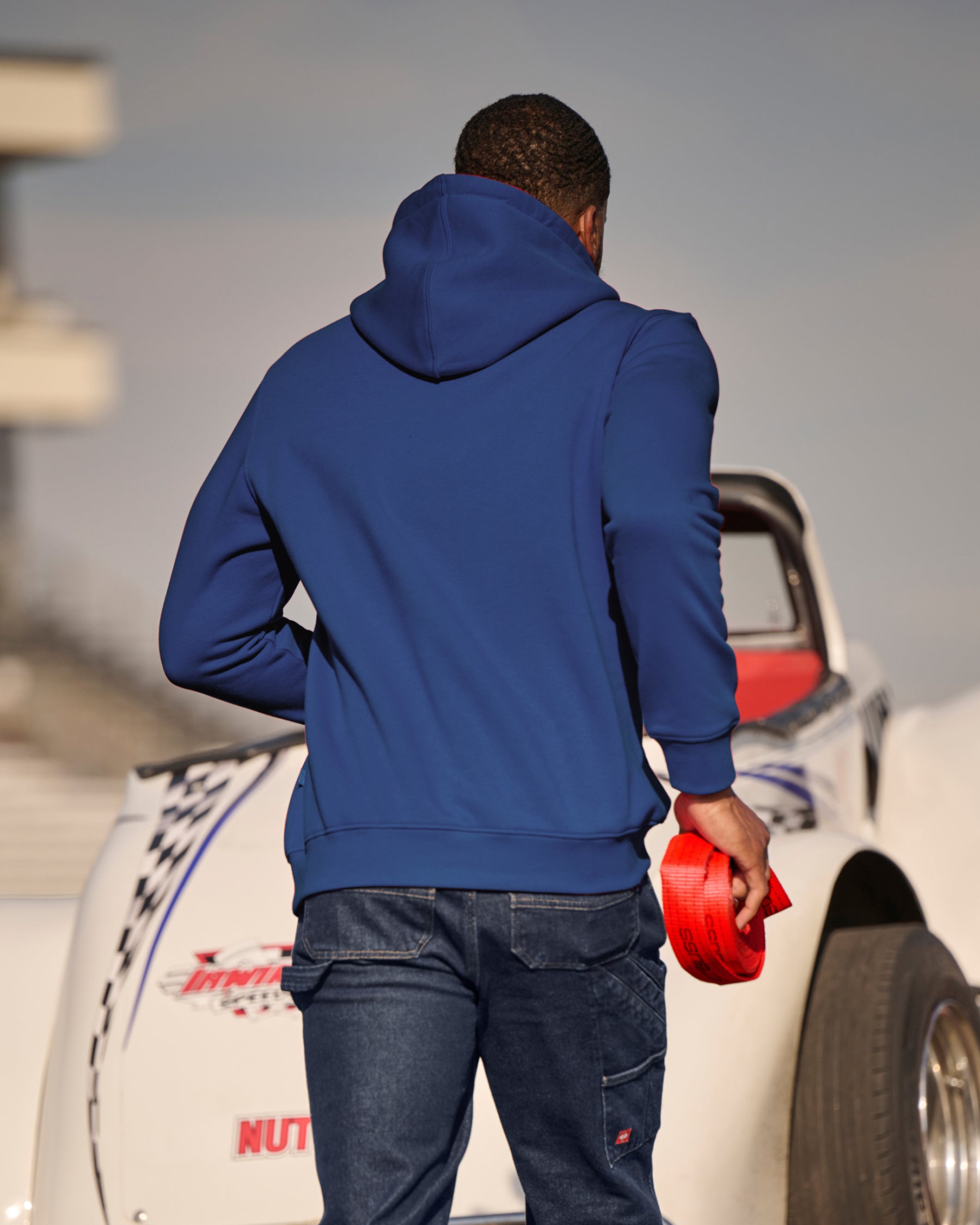 STRAUSS cotton-poly hoodie in royal blue, worn in casual workwear setting