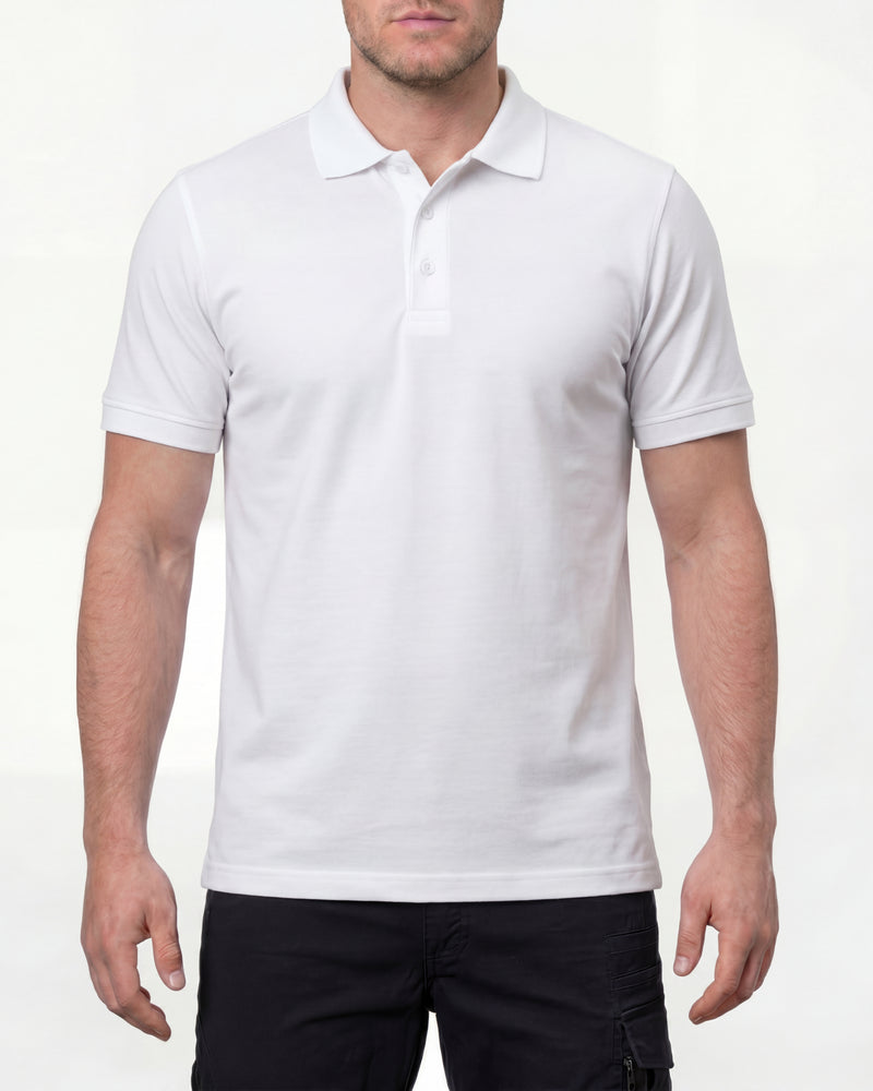 A model wears the STRAUSS Cotton Polo Shirt in white with tan work pants and work boots in a studio product scene