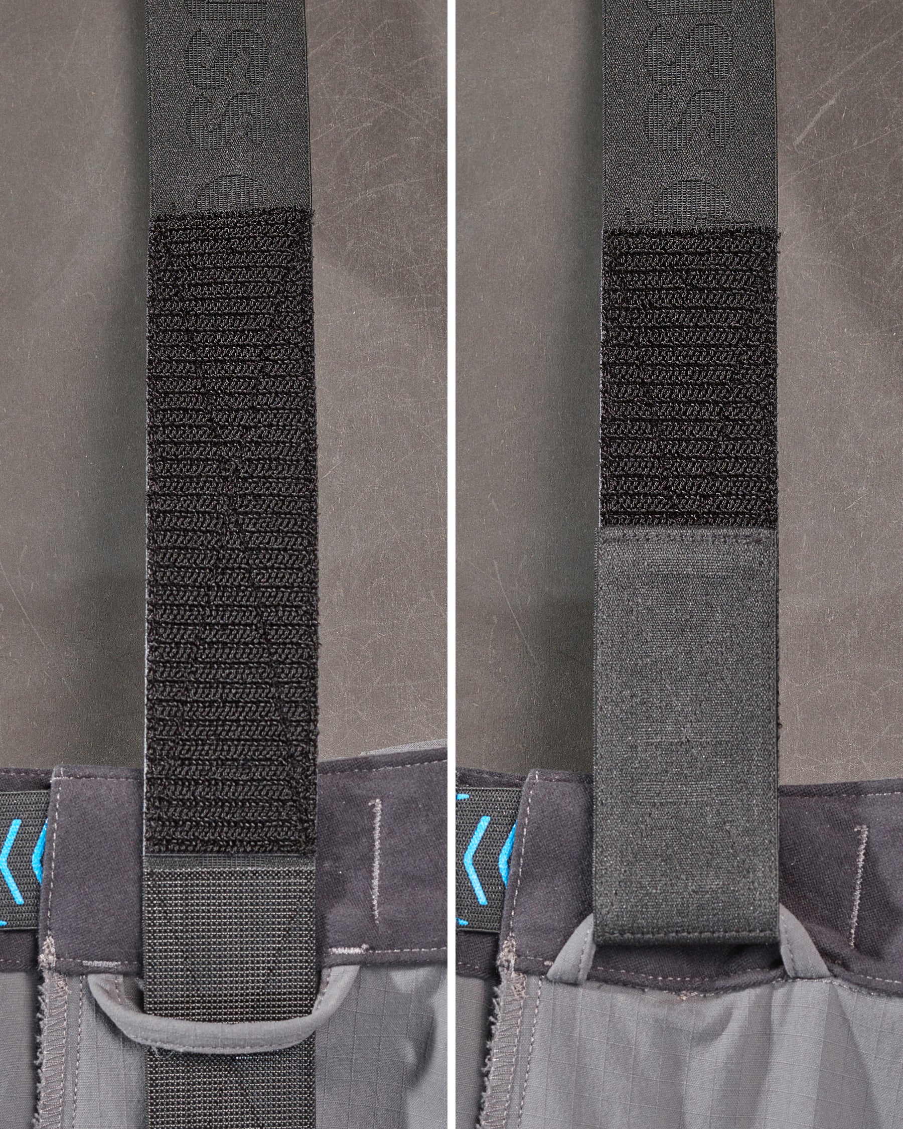 Close-up of the black STRAUSS e.s.taktik Y-back suspenders hardware attached to utility pants.