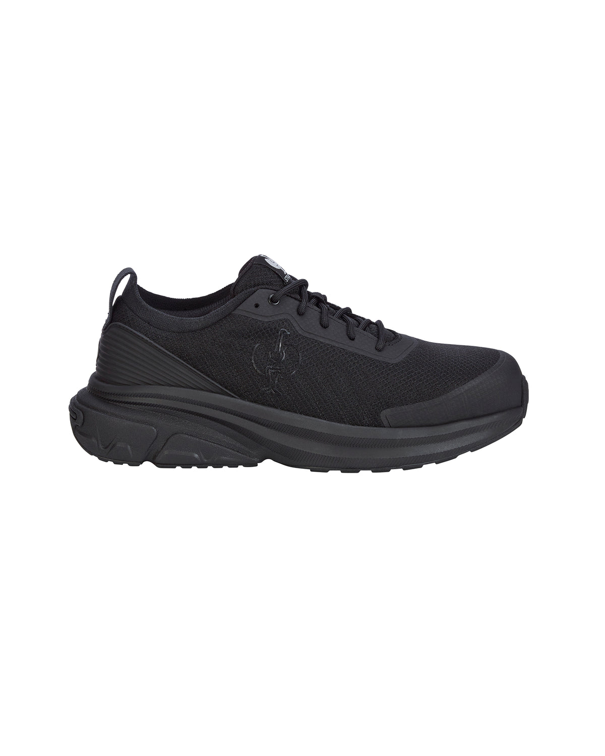 A black athletic sneaker shown from a side profile view against a solid white background.